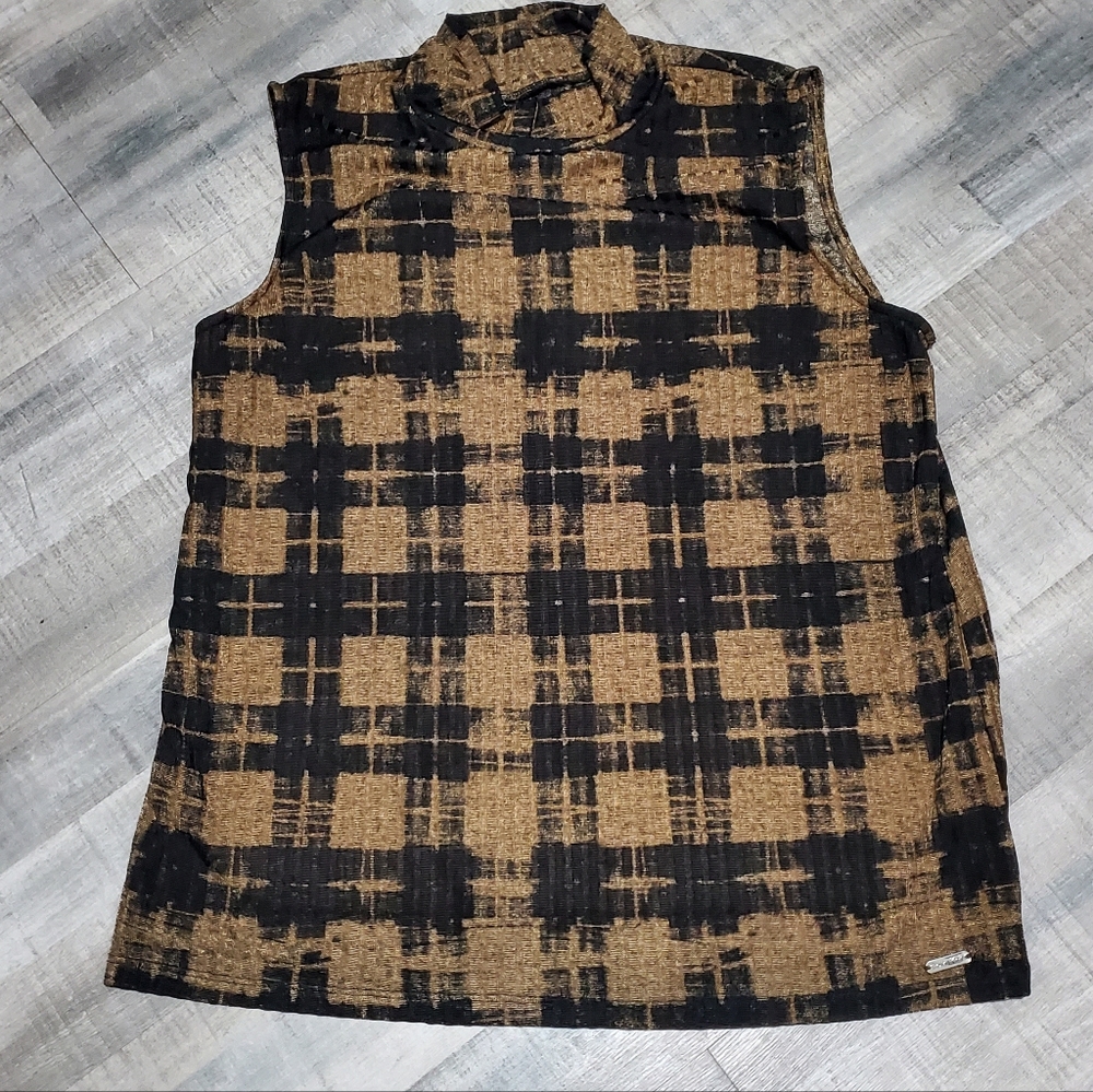Calvin Klein Sleeveless Mock Neck Knit Top Brown Black Abstract Plaid Stretch